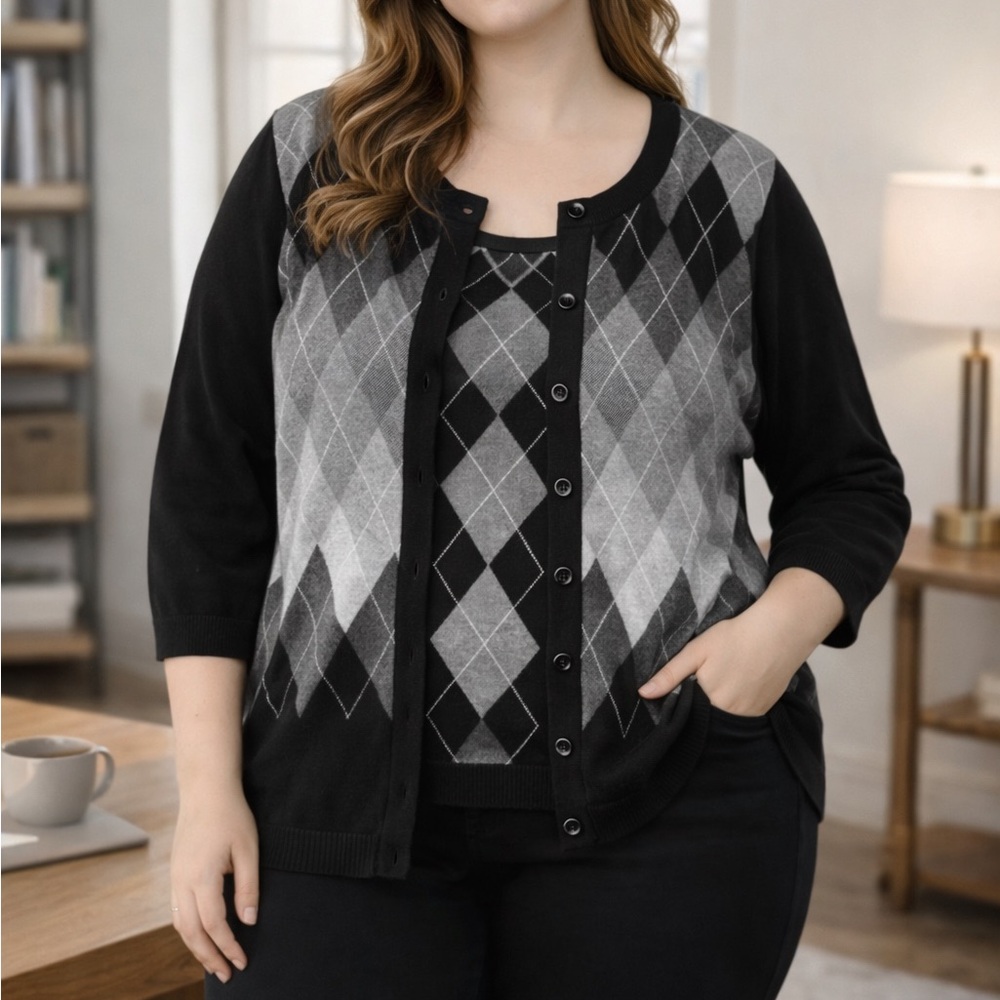 CJ Banks Black Gray Argyle Button Front Cardigan & Tank Set | 1X Plus